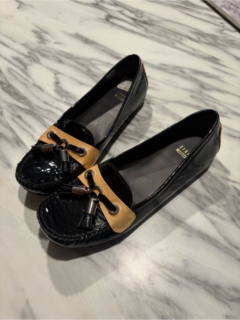 Stuart Weitzman Black Patent Loafers with Tan Trim and Tassels - Picture 2 of 11